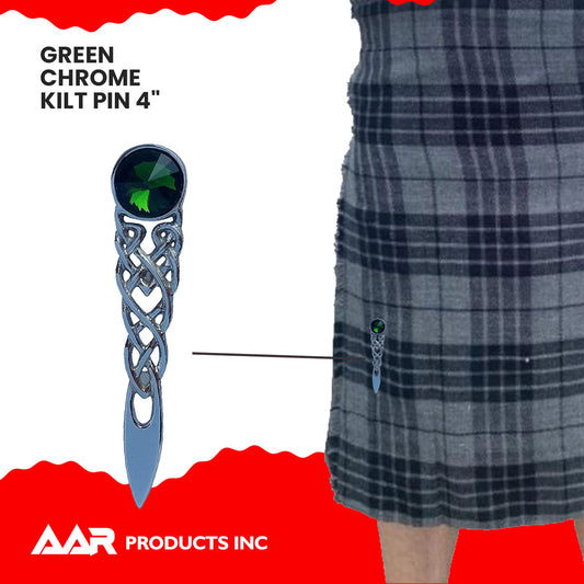 Scottish Kilt Pin Highland Celtic Knot Stone kilt Pins Chrome Green Stone
