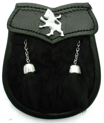 AAR Boys Sporran – Black Rabbit Fur with 2 Tassels – Includes Free Belt & Chain – Traditional Scottish Accessory for Kids