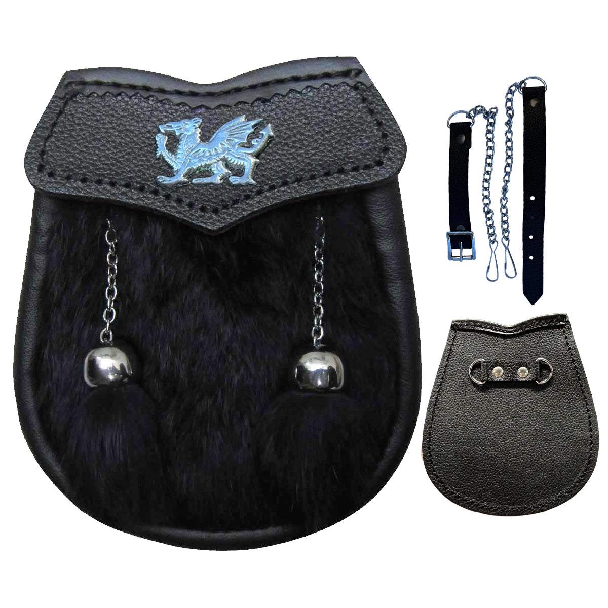 AAR Boys Sporran Black Rabbit Fur 2 Tassels Free Leather Belt Chain Multi Design