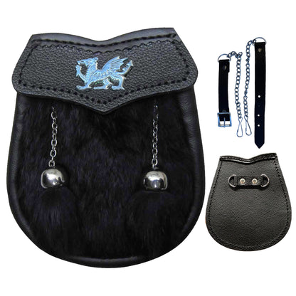 AAR Boys Sporran Black Rabbit Fur 2 Tassels Free Leather Belt Chain Multi Design