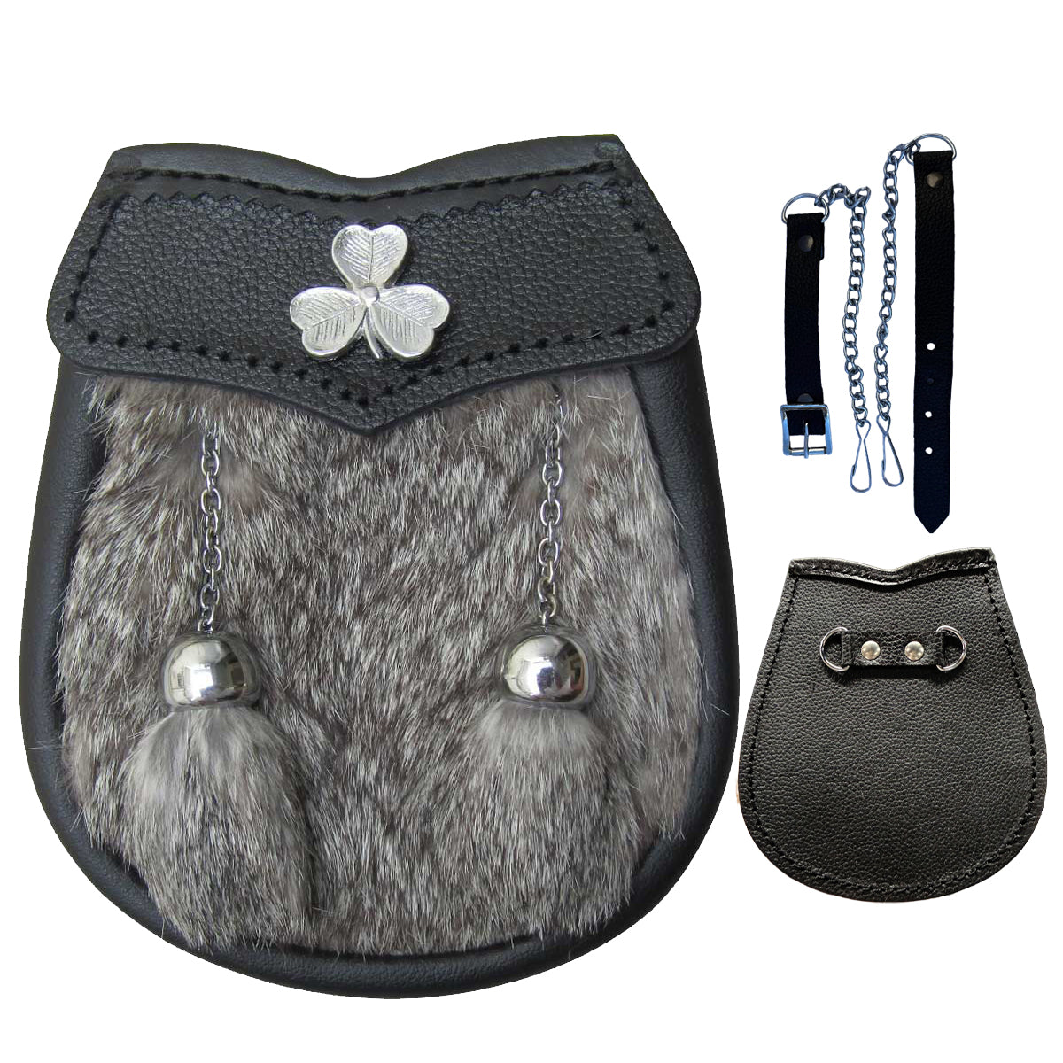 Boys Sporran Brown Fur Free Leather Belt & Chain 28" 2 Tassels