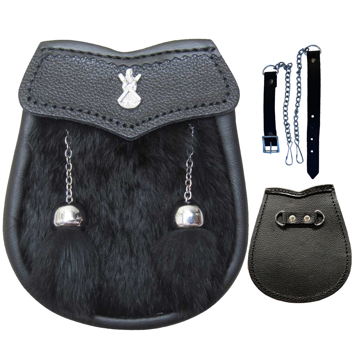 AAR Boys Sporran Black Rabbit Fur 2 Tassels Free Leather Belt Chain Multi Design