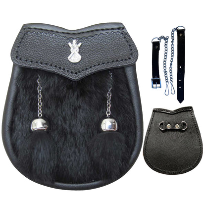 AAR Boys Sporran Black Rabbit Fur 2 Tassels Free Leather Belt Chain Multi Design