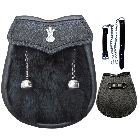 AAR Boys Sporran Black Rabbit Fur 2 Tassels Free Leather Belt Chain Multi Design