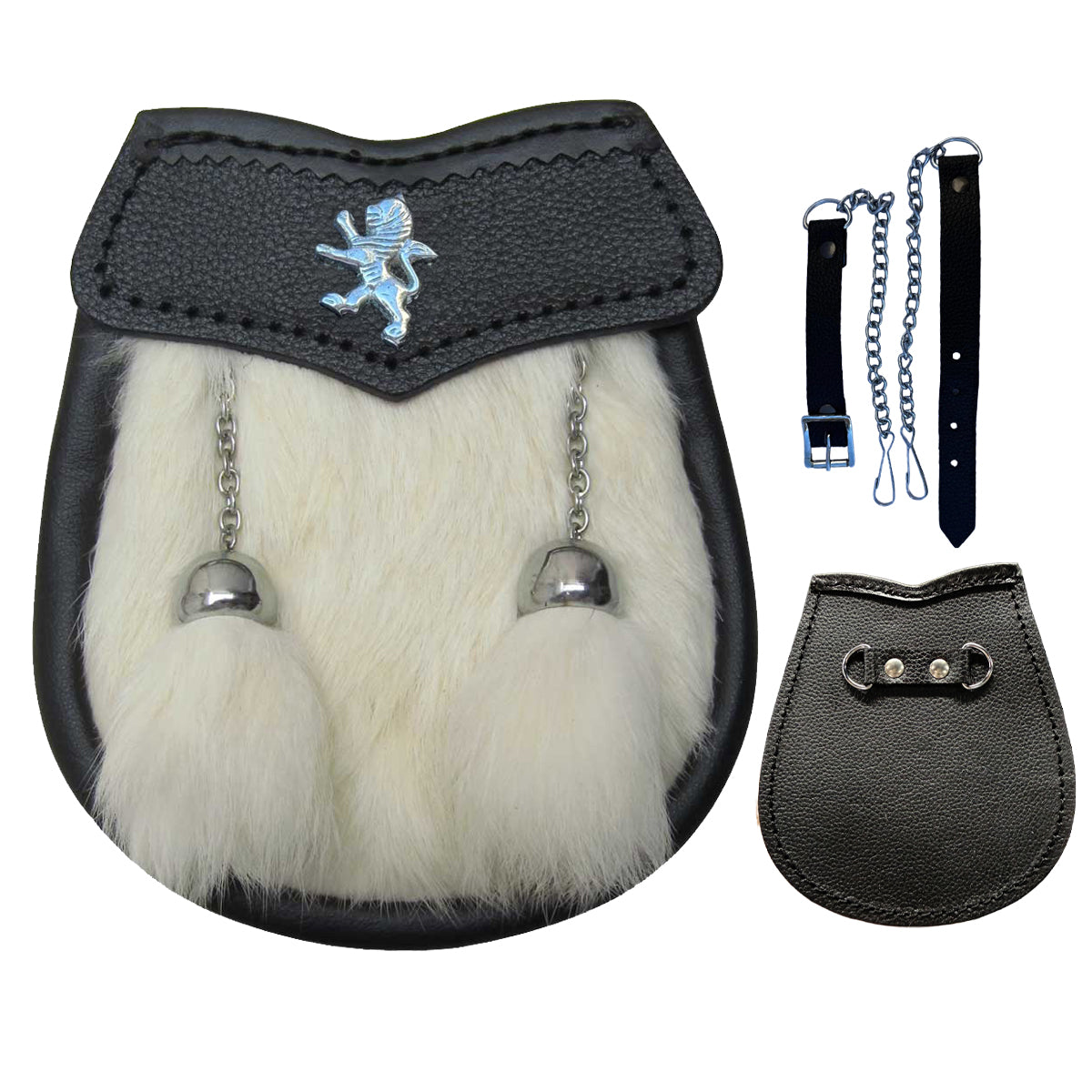 Scottish Boys White Sporran Leather Fur Kilt With 2 Tassels Belt Chain 28"