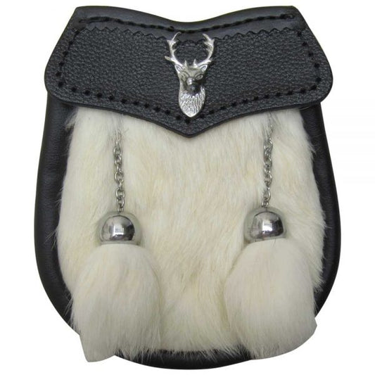 AAR Brand New Baby White Fur Sporran with Stag Head Badge