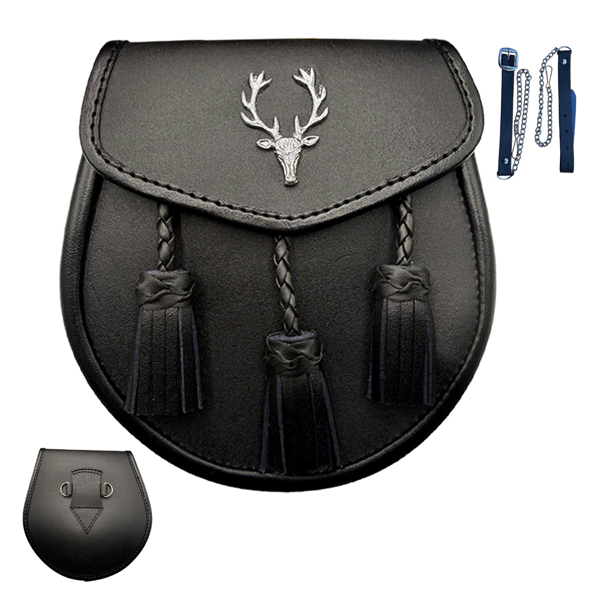 Leather Kilt Sporran Scottish Semi Dress Formal Free Leather Belt Chain Stag Head Design