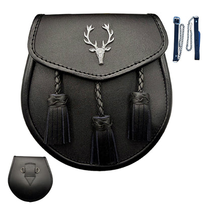 Leather Kilt Sporran Scottish Semi Dress Formal Free Leather Belt Chain Stag Head Design