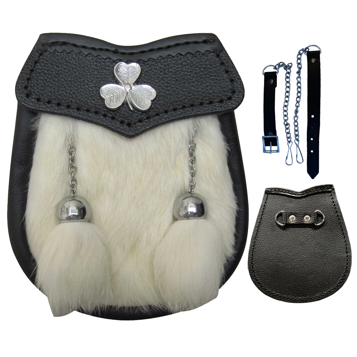 Scottish Boys White Sporran Leather Fur Kilt With 2 Tassels Belt Chain 28"