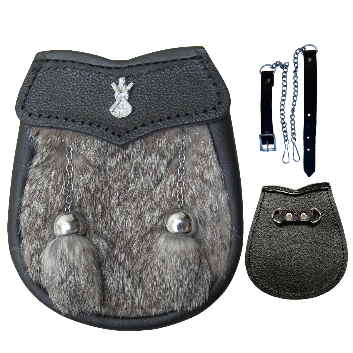 Boys Sporran Brown Fur Free Leather Belt & Chain 28" 2 Tassels