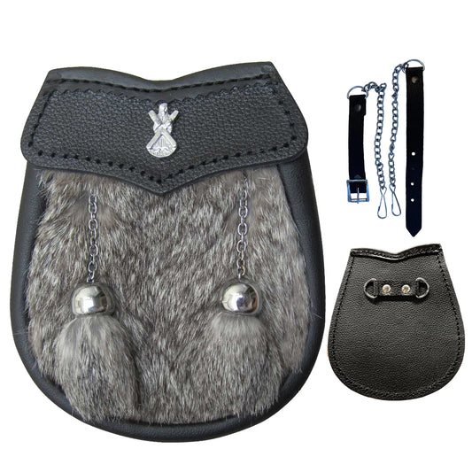 Boys Sporran Brown Fur Free Leather Belt & Chain 28" 2 Tassels