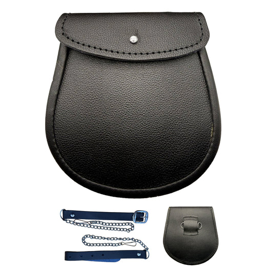 AAR Brand New Black Leather Kilt Sporran with Free Chain & Straps