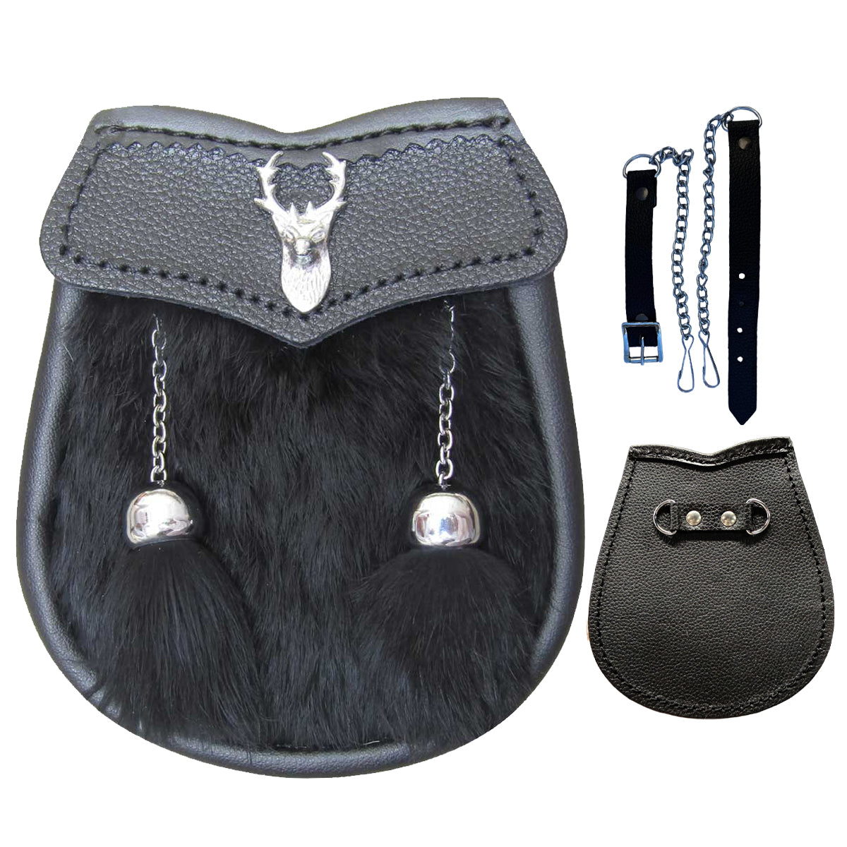 AAR Boys Sporran Black Rabbit Fur 2 Tassels Free Leather Belt Chain Multi Design