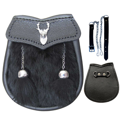 AAR Boys Sporran Black Rabbit Fur 2 Tassels Free Leather Belt Chain Multi Design