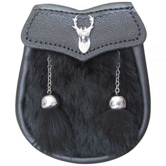 AAR Brand New Baby Black Fur Sporran with Stag Head Badge