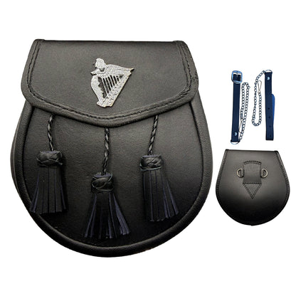 B New Black Leather Sporran with 3 Tassels & Harp Badge on Front