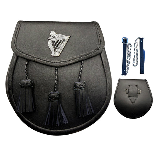 B New Black Leather Sporran with 3 Tassels & Harp Badge on Front