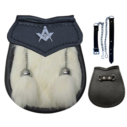 Scottish Boys White Sporran Leather Fur Kilt With 2 Tassels Belt Chain 28"