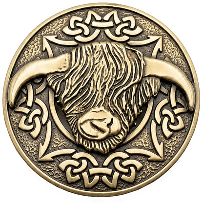 Highland Cow Kilt Brooch with Celtic Knot, Scottish Tartan Plaid Sash Pin, Antique Finish Alloy Brooch for Men