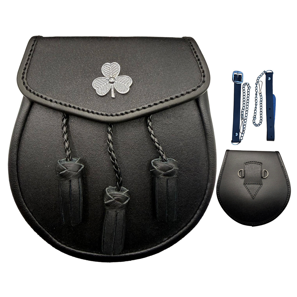 Brand New Black Leather Sporran with 3 Tassels & Shamrock Badge on Front