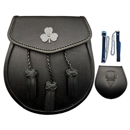 Brand New Black Leather Sporran with 3 Tassels & Shamrock Badge on Front