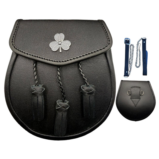 Brand New Black Leather Sporran with 3 Tassels & Shamrock Badge on Front