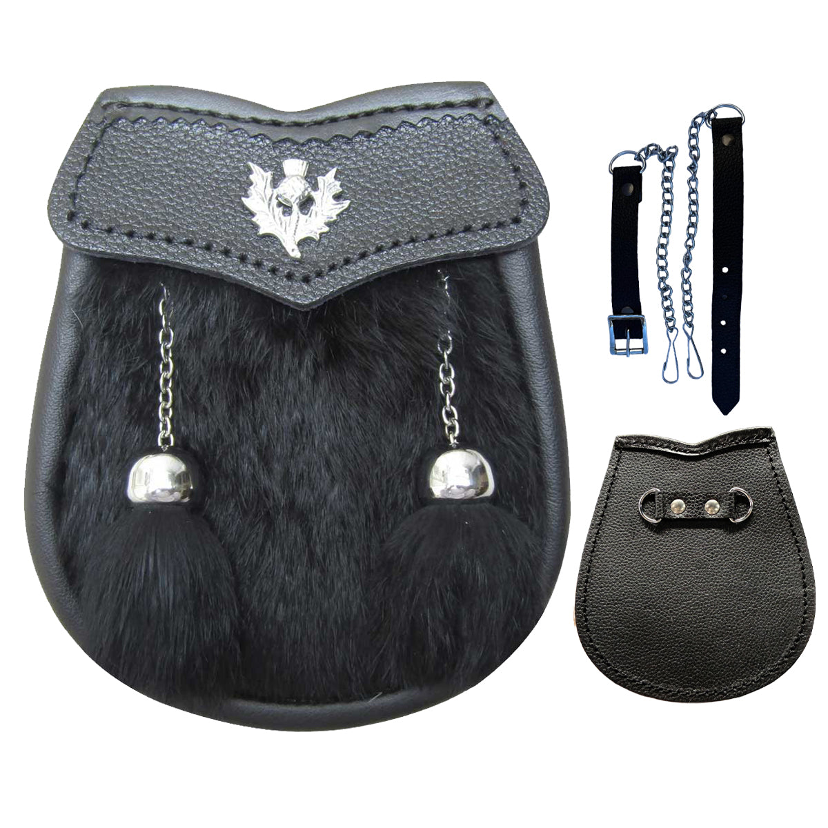AAR Boys Sporran Black Rabbit Fur 2 Tassels Free Leather Belt Chain Multi Design