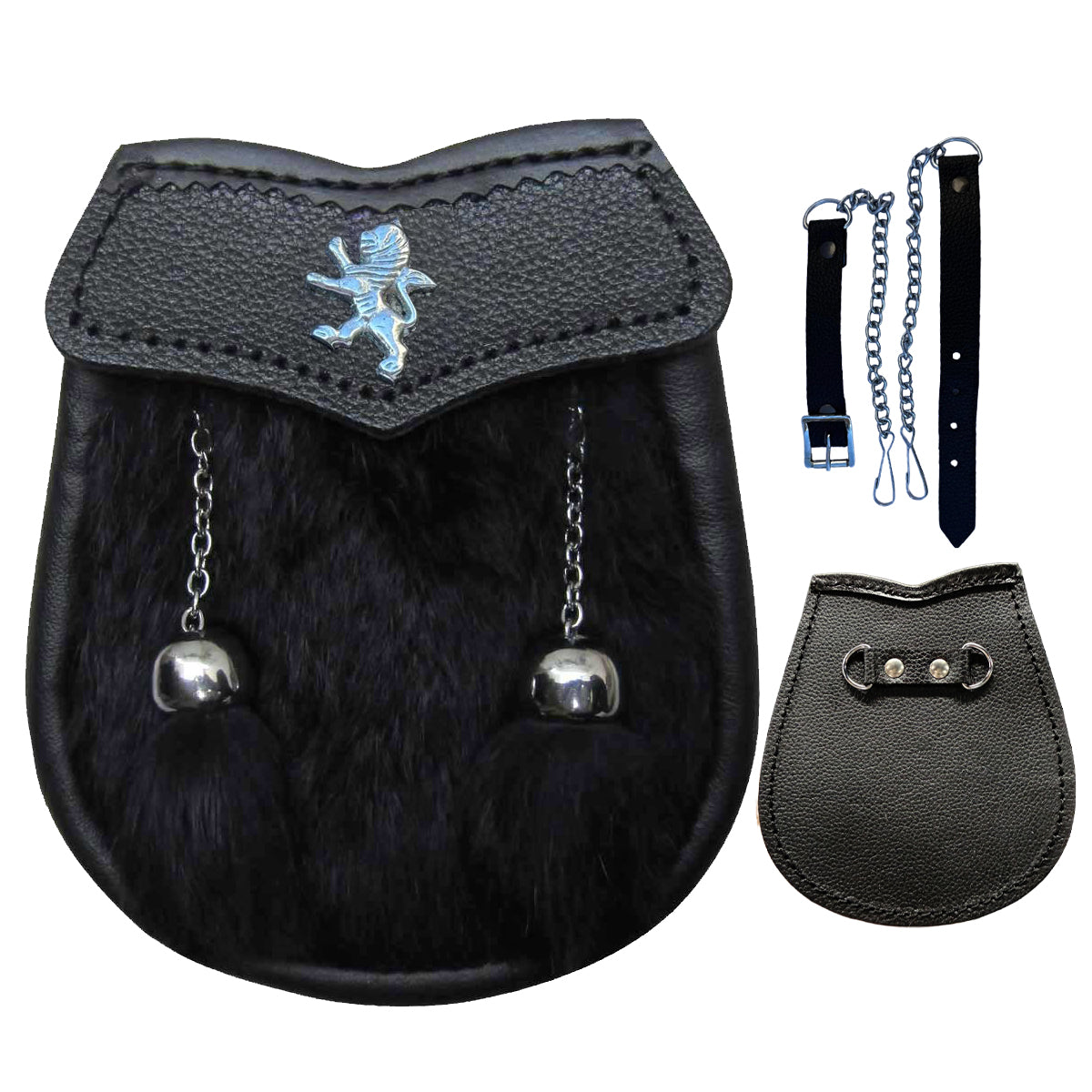 AAR Boys Sporran Black Rabbit Fur 2 Tassels Free Leather Belt Chain Multi Design