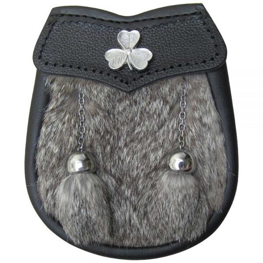 AAR Brand New Baby Grey Fur Sporran with Shamrock Badge
