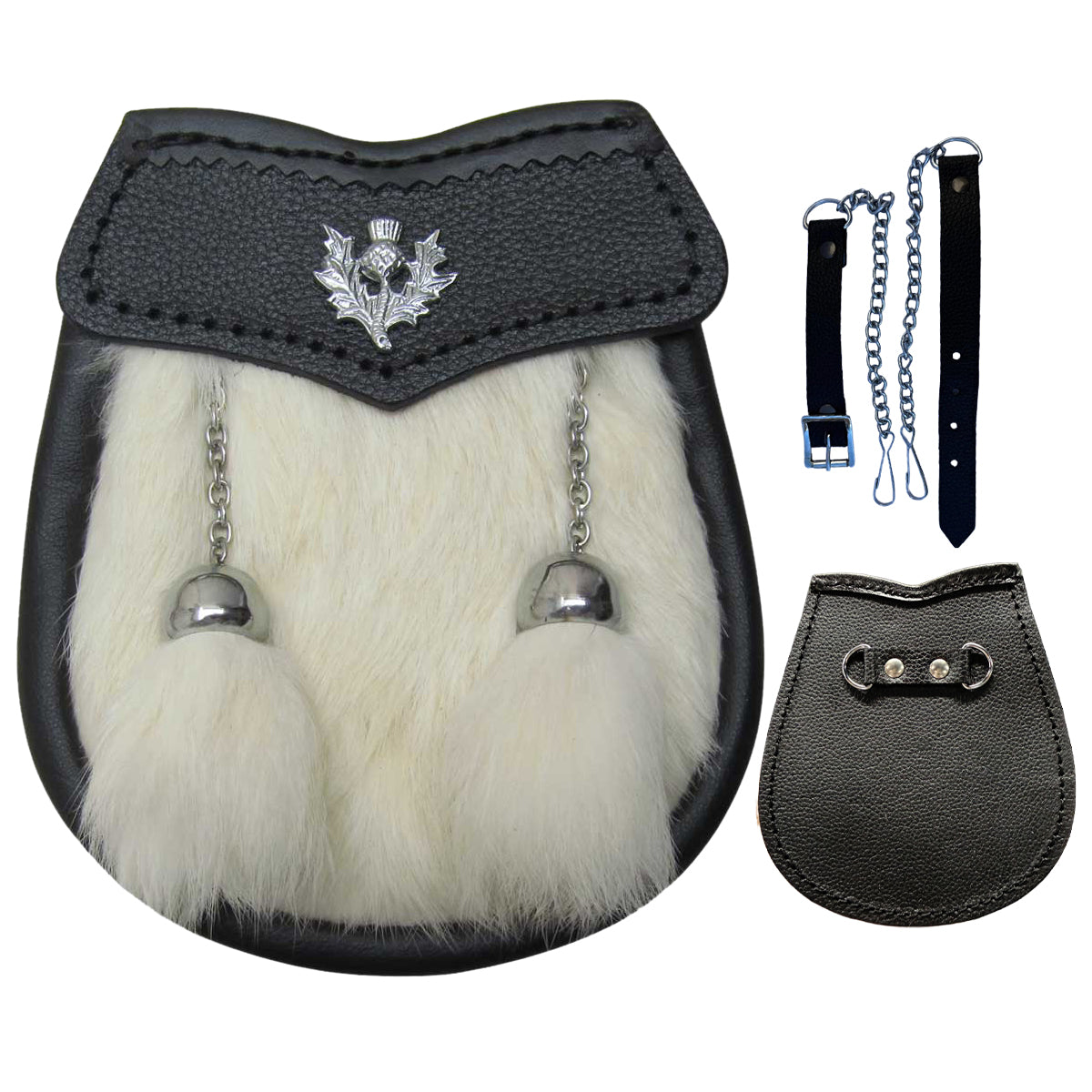 Scottish Boys White Sporran Leather Fur Kilt With 2 Tassels Belt Chain 28"