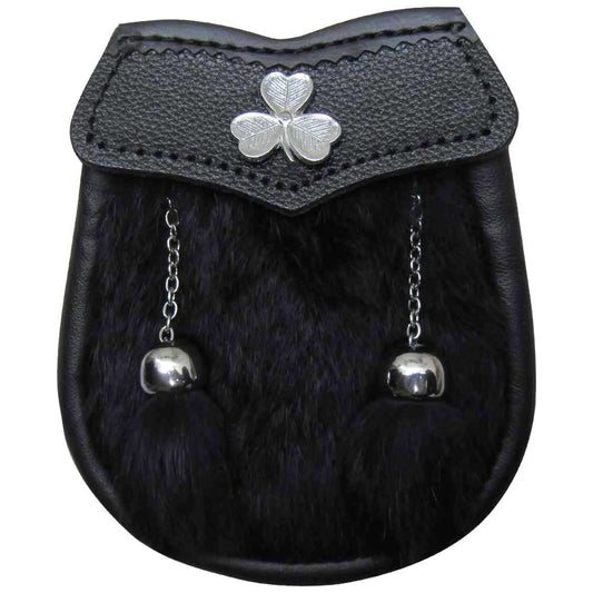 AAR Brand New Baby Black Fur Sporran with Shamrock Badge