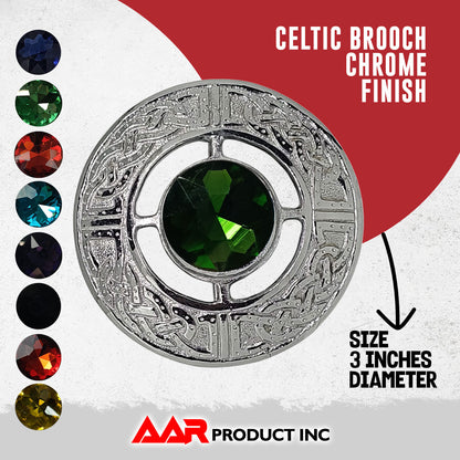 AAR Men's Scottish Celtic Kilt Fly Plaid Brooch Green Stone Chrome Finish 3"