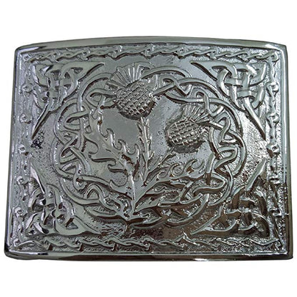 AAR Scottish Kilt Belt Buckle 2 Thistle Emblem Celtic Knots Chrome Finish