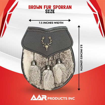Men's Semi Dress Sporran Brown Rabbit Formal Fur 3 Tassels Leather Belt Chain Antique Badges