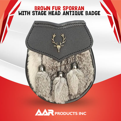Men's Semi Dress Sporran Brown Rabbit Formal Fur 3 Tassels Leather Belt Chain Antique Badges