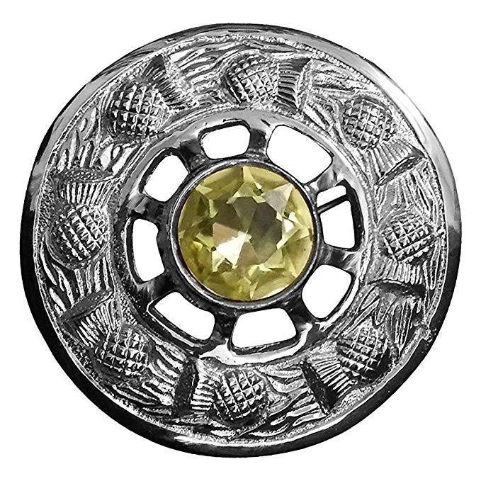 AR Scottish Fly Plaid Brooch Yellow Stone Chrome Finish 3" (7cm) diameter (Yellow Stone)