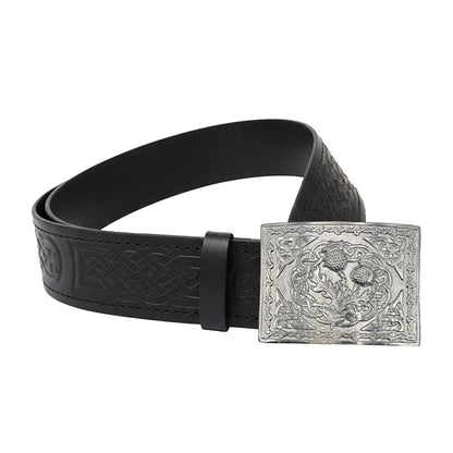 AAR Leather Thistle Kilt Belt Black with Chrome Finish Celtic Buckle | Scottish Highland Belt for Men