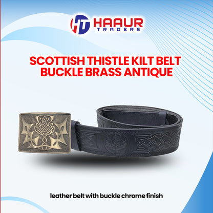Black Leather Thistle Design Scottish Highland Kilt Belt With Antique Finish Buckle
