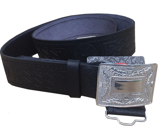 AAR Leather Thistle Kilt Belt Black with Chrome Finish Celtic Buckle | Scottish Highland Belt for Men