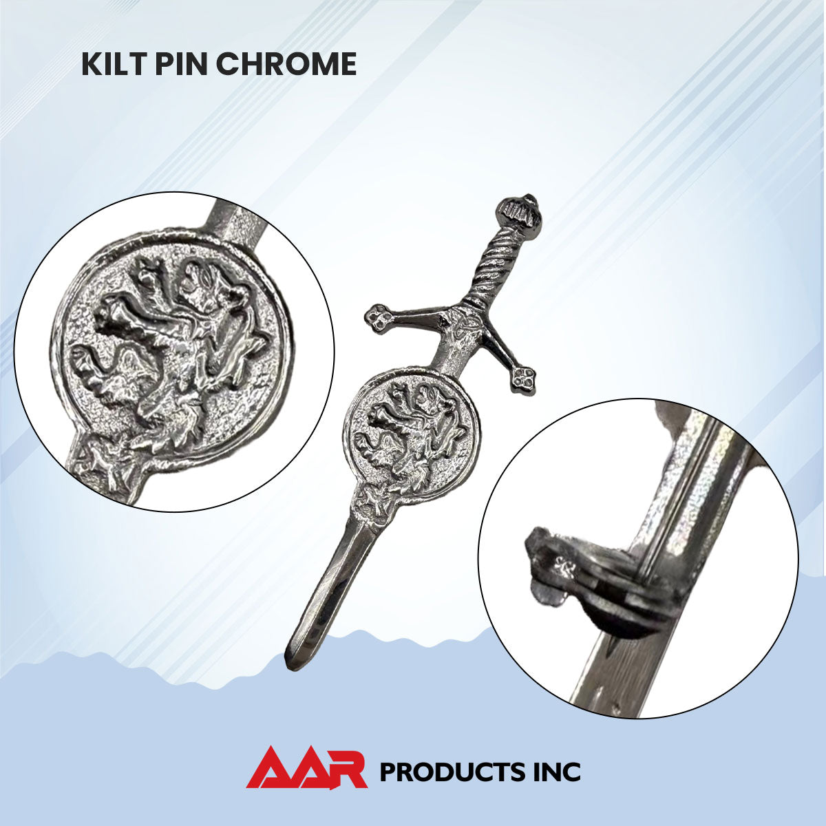 Brand New Kilt Pin with Rampant Lion Badge Chrome Finish