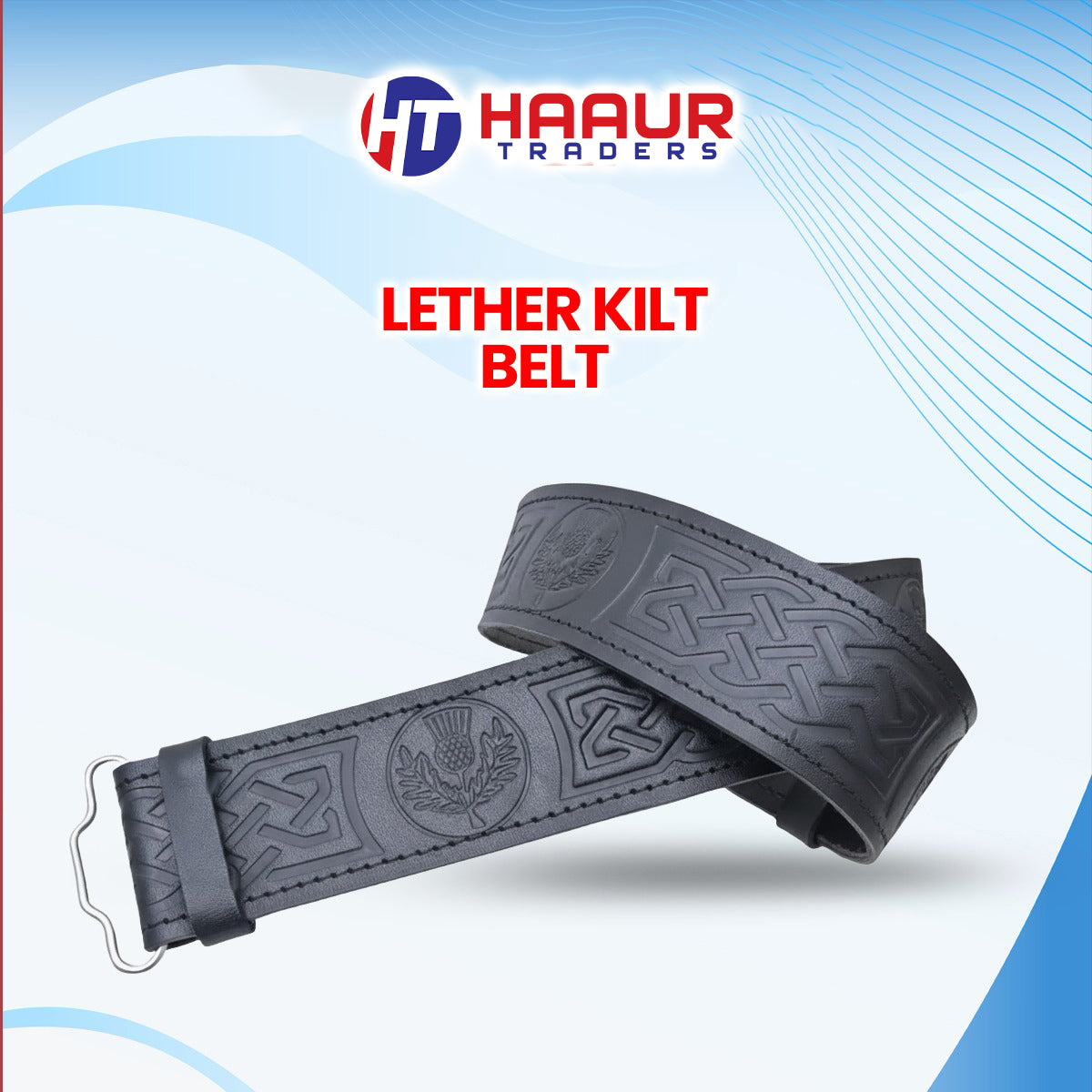 Black Leather Thistle Design Scottish Highland Kilt Belt With Antique Finish Buckle