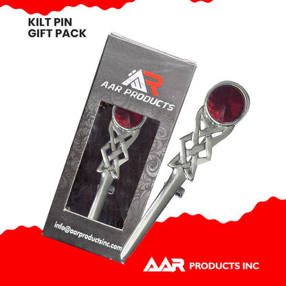 Kilt Pin Scottish Celtic Knot Stone Chrome Finish Red Stone