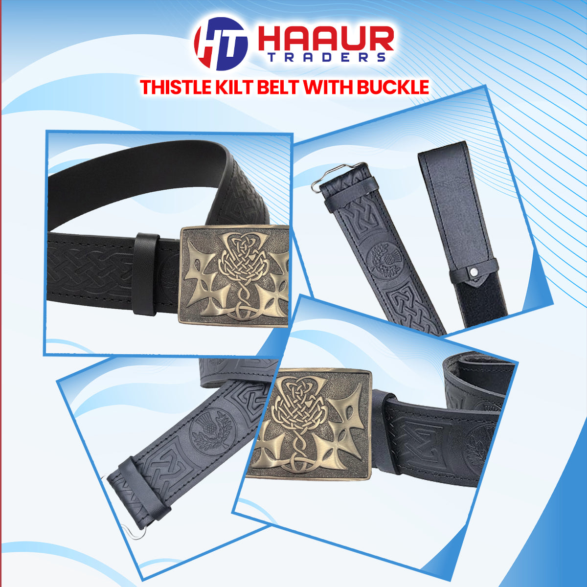Black Leather Thistle Design Scottish Highland Kilt Belt With Antique Finish Buckle