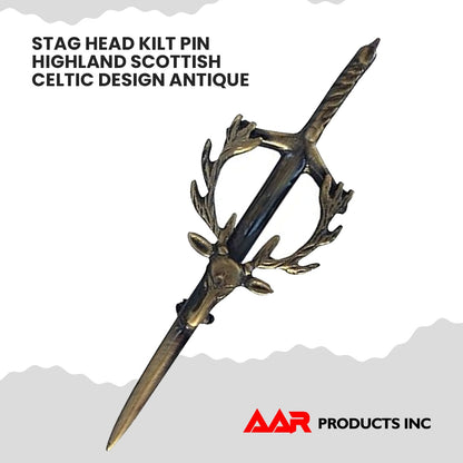 Stag Head Kilt Pin Celtic Highland Design, 4-Inch with Locking Back AAR Scottish Kilt Accessory