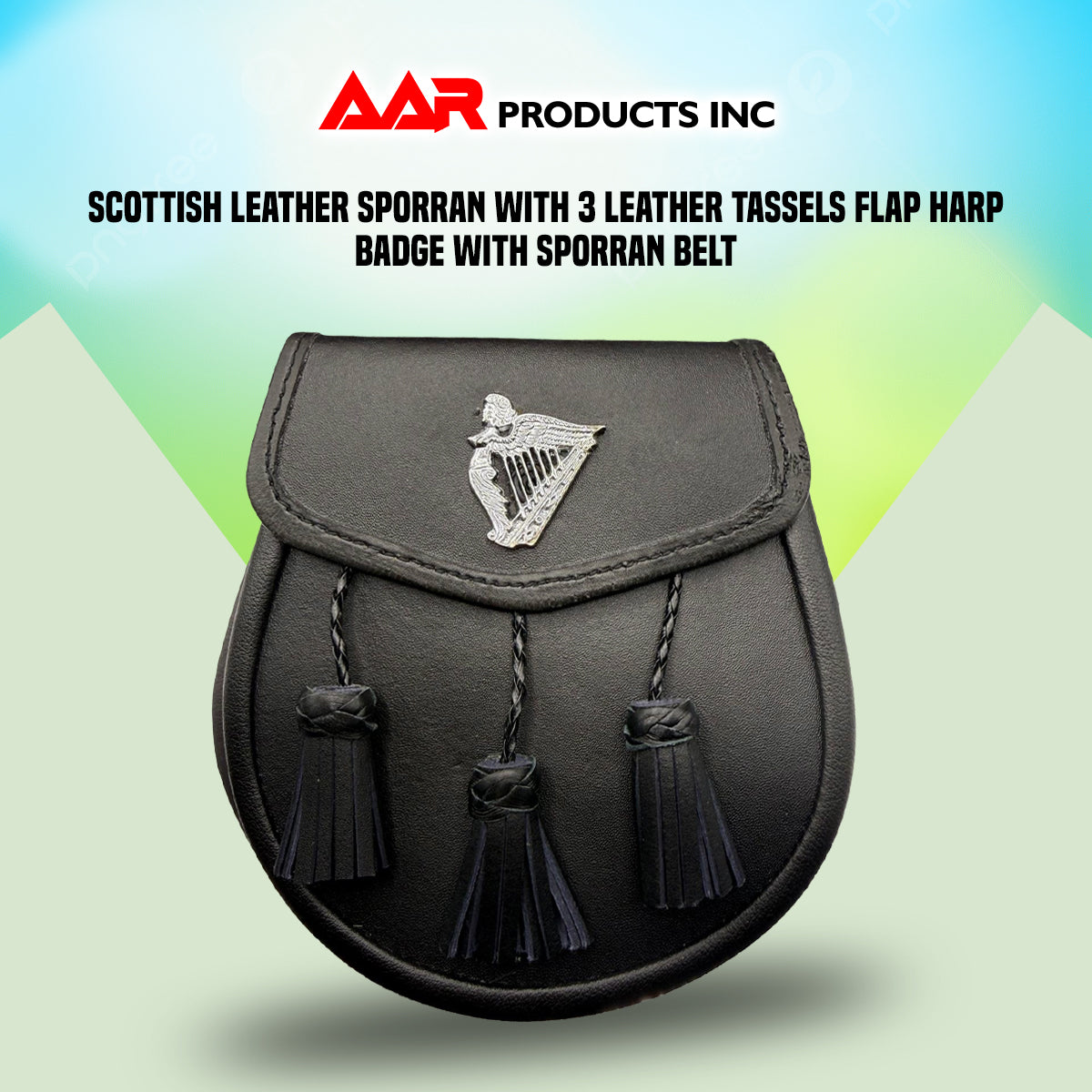 B New Black Leather Sporran with 3 Tassels & Harp Badge on Front