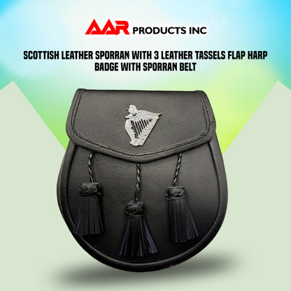 B New Black Leather Sporran with 3 Tassels & Harp Badge on Front