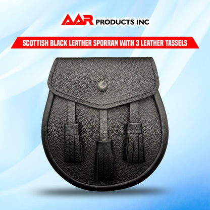 Scottish Kilt Sporran Black Leather 3 Tassels Chain Highland Free Belt Chain