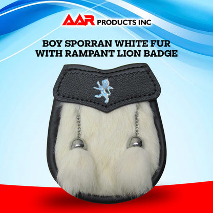 Scottish Boys White Sporran Leather Fur Kilt With 2 Tassels Belt Chain 28"