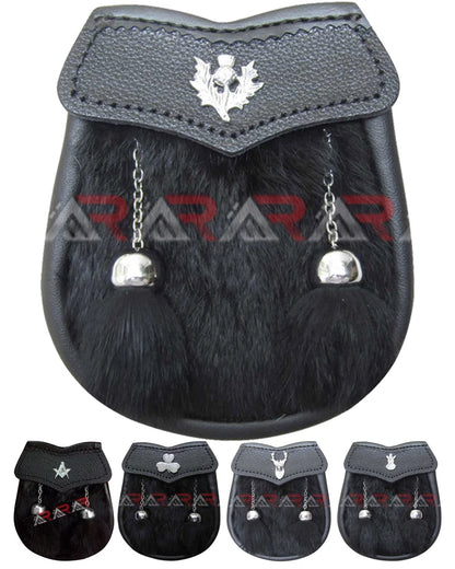 AAR Boys Sporran – Black Rabbit Fur with 2 Tassels – Includes Free Belt & Chain – Traditional Scottish Accessory for Kids