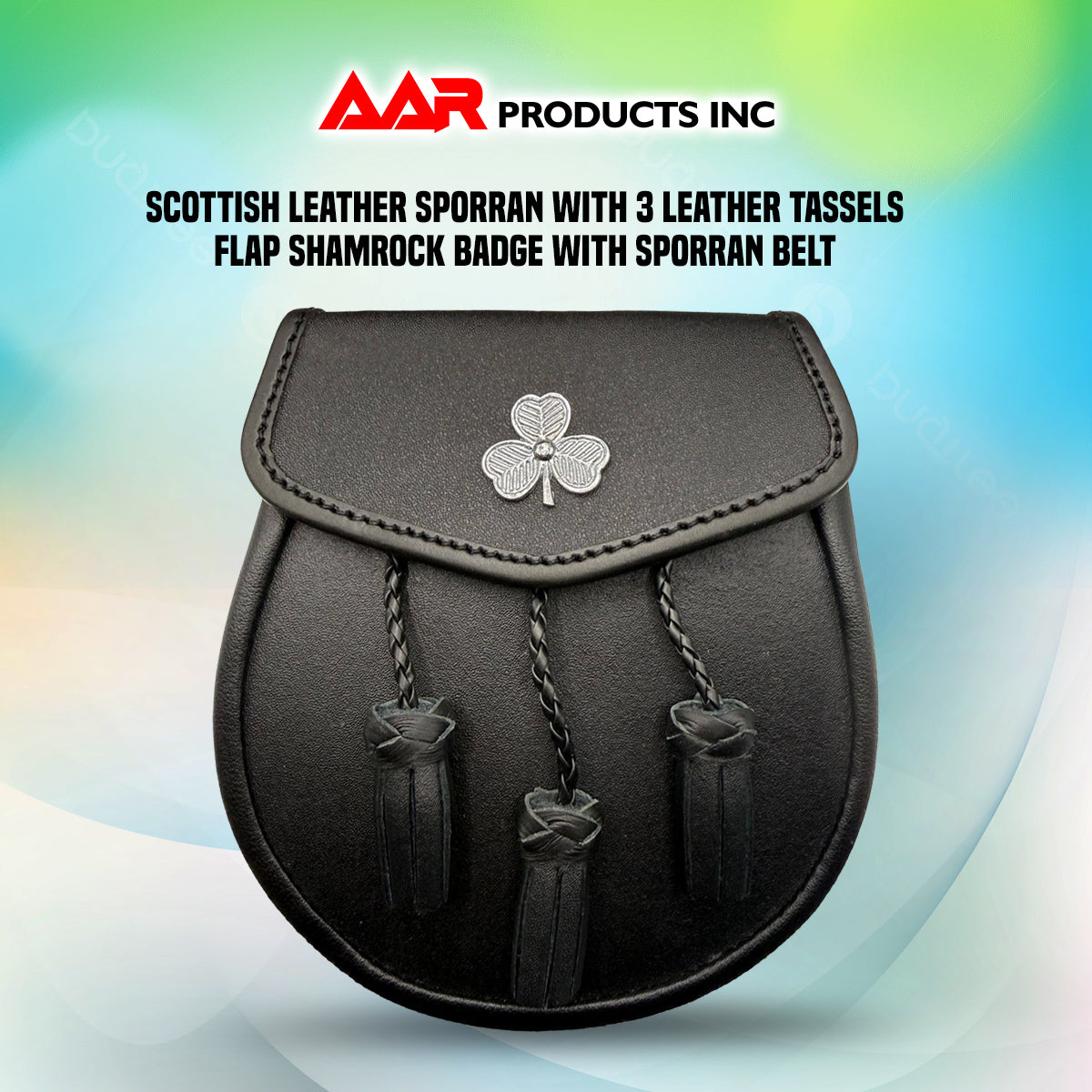 Brand New Black Leather Sporran with 3 Tassels & Shamrock Badge on Front